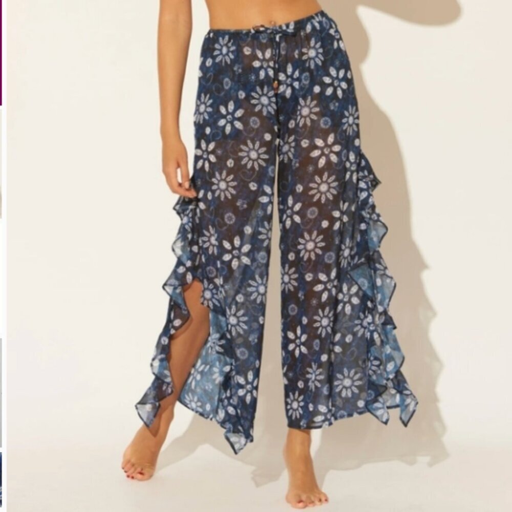Bleu Rod Beattie Split Leg Swimsuit Coverup Pants Sheer Beach Floral Ruffle Med